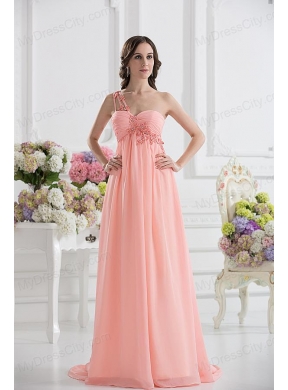 Peach Empire Brush Train Prom Dress with Ruching and Appliques