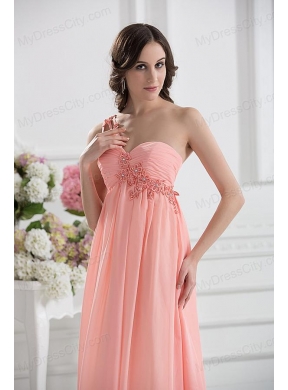 Peach Empire Brush Train Prom Dress with Ruching and Appliques