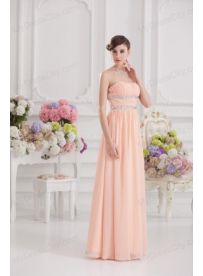 Peach Empire Strapless Prom Dress with Ruching and Beading