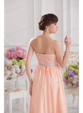 Peach Empire Strapless Prom Dress with Ruching and Beading