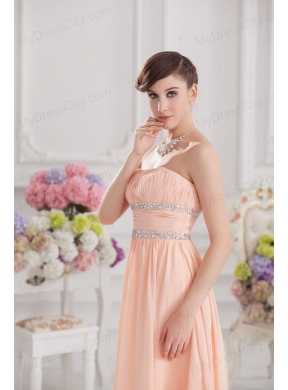 Peach Empire Strapless Prom Dress with Ruching and Beading