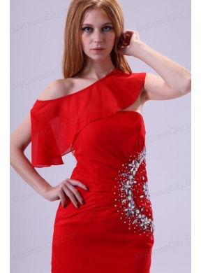 Red Column One Shoulder Sexy Prom Dress with Beading