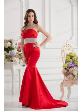 Red Mermaid Strapless Court Train Belt and Ruching Prom Dress