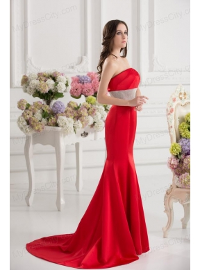 Red Mermaid Strapless Court Train Belt and Ruching Prom Dress