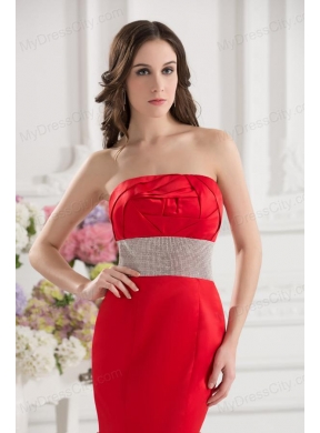 Red Mermaid Strapless Court Train Belt and Ruching Prom Dress