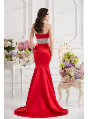 Red Mermaid Strapless Court Train Belt and Ruching Prom Dress