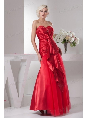 Red Sweetheart Column Floor-length Ruching Taffeta Prom Dress