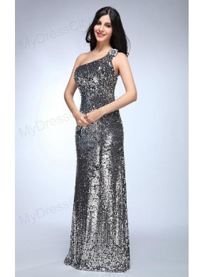 Sheath Silver One Shoulder Sequins Beading Floor-length Prom Dress