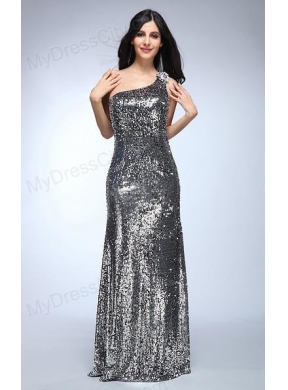 Sheath Silver One Shoulder Sequins Beading Floor-length Prom Dress