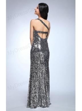 Sheath Silver One Shoulder Sequins Beading Floor-length Prom Dress