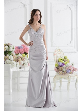 Silver Column V-neck Satin Prom Dress with Ruching and Beading