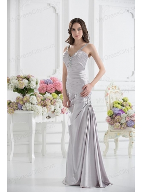 Silver Column V-neck Satin Prom Dress with Ruching and Beading