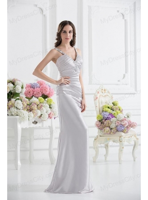 Silver Column V-neck Satin Prom Dress with Ruching and Beading