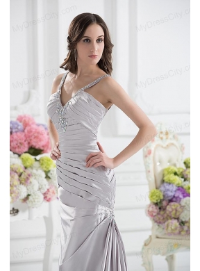 Silver Column V-neck Satin Prom Dress with Ruching and Beading