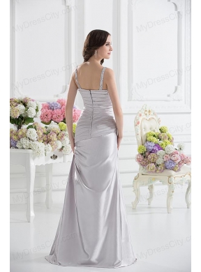 Silver Column V-neck Satin Prom Dress with Ruching and Beading