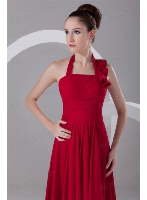 Simple Empire Halter Red Floor-length Ruching Chiffon Prom Dress