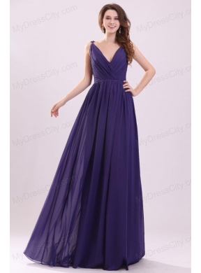 Simple Purple Empire V-neck Ruching Floor-length Chiffon Prom Dress