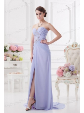 Sweetheart Brush Train Lavender Prom Dress with Ruching and Beading