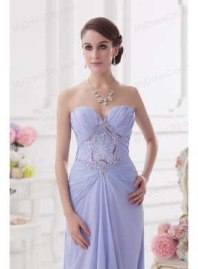 Sweetheart Brush Train Lavender Prom Dress with Ruching and Beading