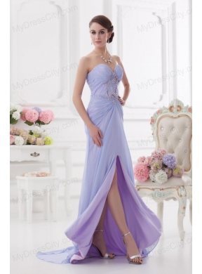 Sweetheart Brush Train Lavender Prom Dress with Ruching and Beading