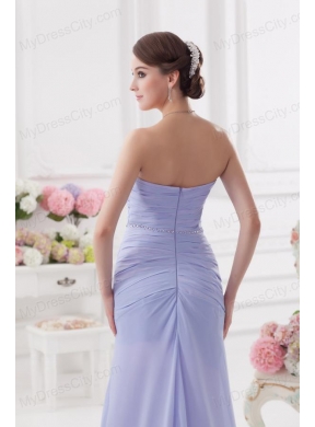 Sweetheart Brush Train Lavender Prom Dress with Ruching and Beading