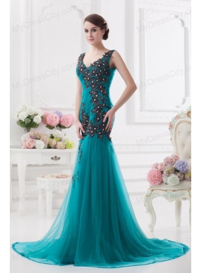 Turquoise Column Court Train Tulle Prom Dress with Ruching and Appliques