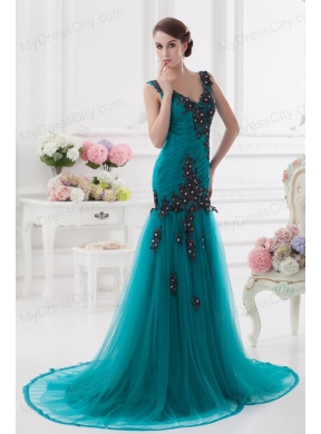 Turquoise Column Court Train Tulle Prom Dress with Ruching and Appliques