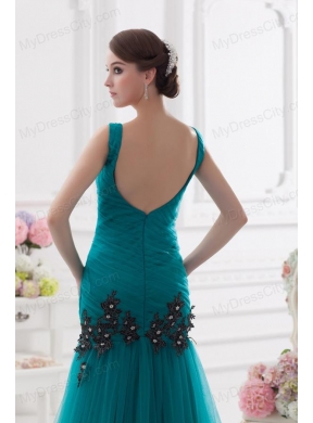 Turquoise Column Court Train Tulle Prom Dress with Ruching and Appliques