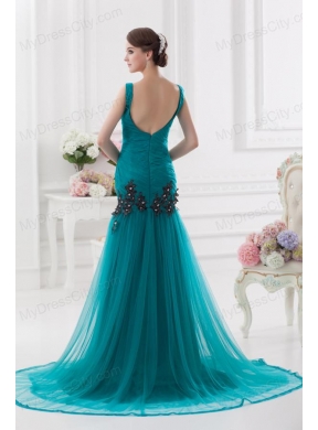 Turquoise Column Court Train Tulle Prom Dress with Ruching and Appliques