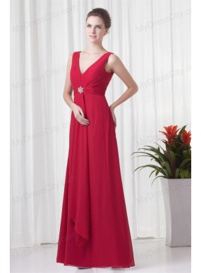 2014 Cheap Empire V-neck Chiffon Red Beading Prom Dress