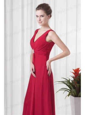 2014 Cheap Empire V-neck Chiffon Red Beading Prom Dress