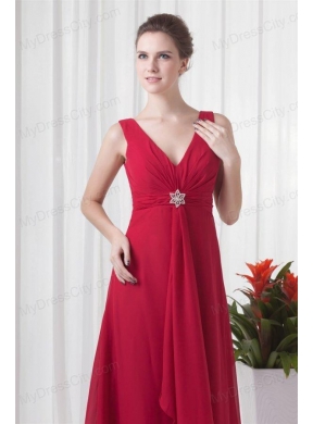 2014 Cheap Empire V-neck Chiffon Red Beading Prom Dress