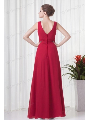 2014 Cheap Empire V-neck Chiffon Red Beading Prom Dress