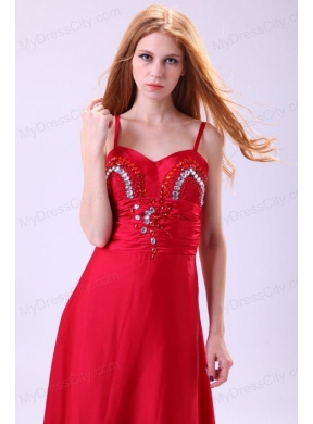 2014 Column Straps Ankle-length Beading Red Chiffon Prom Dress