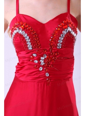 2014 Column Straps Ankle-length Beading Red Chiffon Prom Dress