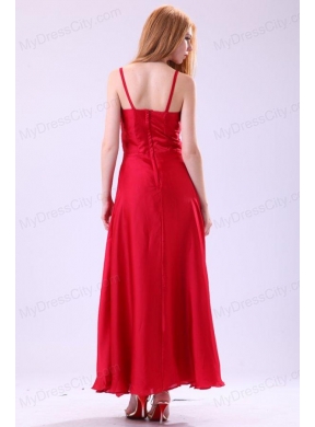 2014 Column Straps Ankle-length Beading Red Chiffon Prom Dress