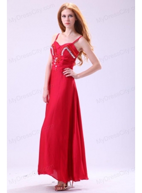 2014 Column Straps Ankle-length Beading Red Chiffon Prom Dress