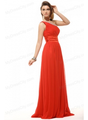 2014 Empire One Shoulder Chiffon Beading and Ruching Red Prom Dress