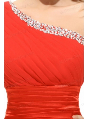 2014 Empire One Shoulder Chiffon Beading and Ruching Red Prom Dress