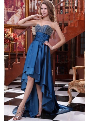 A-line Blue Sweetheart Beading and Ruching High-low Prom Dress