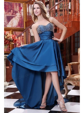 A-line Blue Sweetheart Beading and Ruching High-low Prom Dress