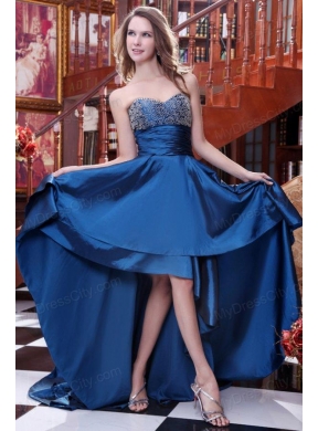 A-line Blue Sweetheart Beading and Ruching High-low Prom Dress