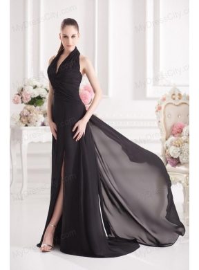 A-line Halter Top Floor-length Chiffon Black High Slit Prom Dress