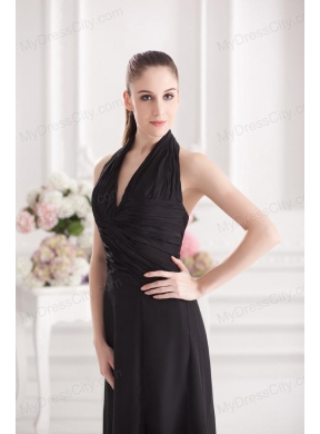 A-line Halter Top Floor-length Chiffon Black High Slit Prom Dress