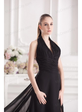 A-line Halter Top Floor-length Chiffon Black High Slit Prom Dress