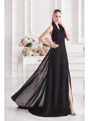 A-line Halter Top Floor-length Chiffon Black High Slit Prom Dress