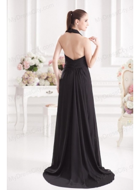 A-line Halter Top Floor-length Chiffon Black High Slit Prom Dress