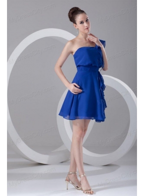 A-line One Shoulder Blue Chiffon Mini-length Ruching Prom Dress