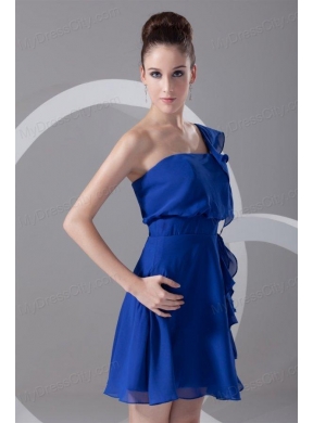 A-line One Shoulder Blue Chiffon Mini-length Ruching Prom Dress