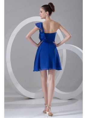 A-line One Shoulder Blue Chiffon Mini-length Ruching Prom Dress